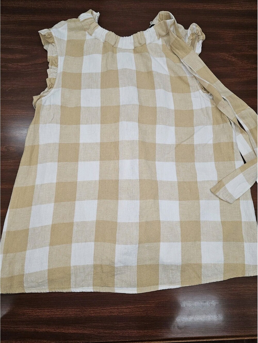 Who What Wear Beige and White Linen Blend Gingham Sleeveless Peasant M Blouse